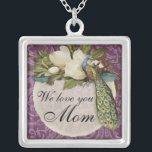 Vintage Peacock & Magnolias Bride's Necklace<br><div class="desc">This elegant Vintage peacock, damask, magnolias and swirls design is featured on a wide range of wedding products including invitations. This sterling silver keepsake necklace is perfect for a Bridal shower gift for the bride, for bridesmaids' gifts of jewelry to wear for the wedding. You can replace the bride and...</div>