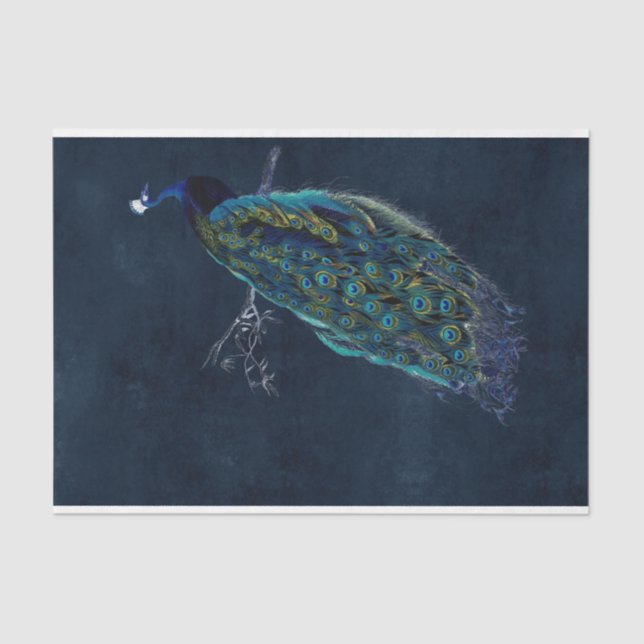 Vintage Peacock Midnight Blue Decoupage Tissue Paper (Front)