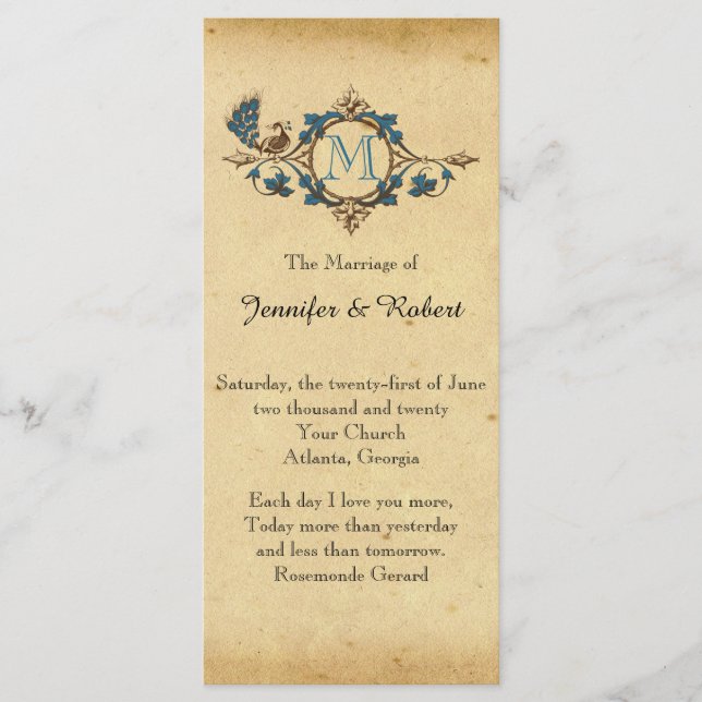 Vintage Peacock Monogram Wedding Program (Front)