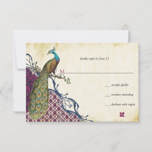 Vintage Peacock Navy Deep Raspberry Damask Wedding RSVP Card