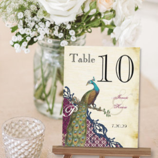 Vintage Peacock Navy Raspberry Damask Table Number