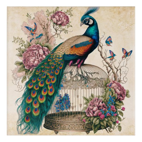 Vintage Peacock on Bird Cage Victorian Acrylic Print