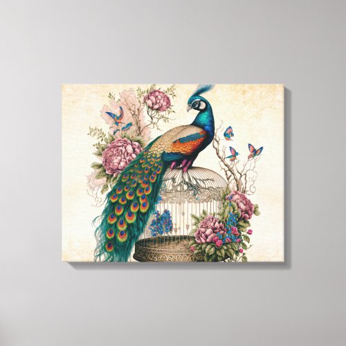 Vintage Peacock on Bird Cage Victorian  Canvas Print