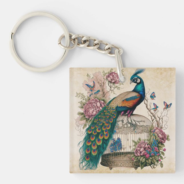 Vintage Peacock on Bird Cage Victorian  Keychain (Front)