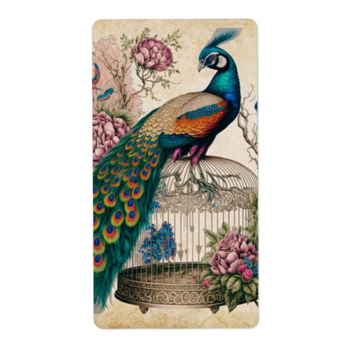 Vintage Peacock on Bird Cage Victorian Label