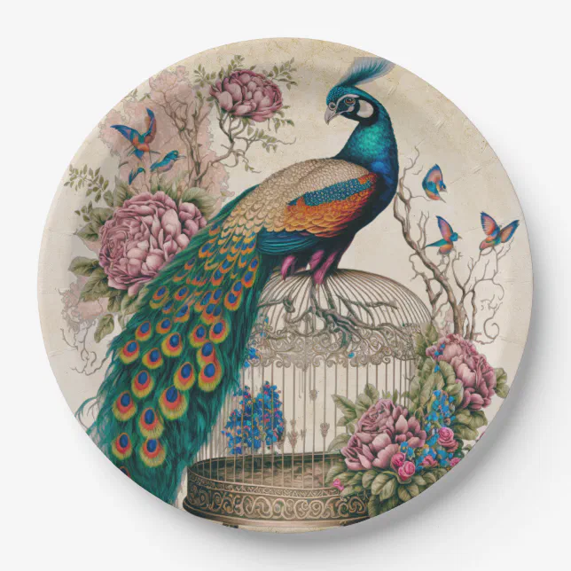 Vintage Peacock on Bird Cage Victorian Paper Plates Zazzle