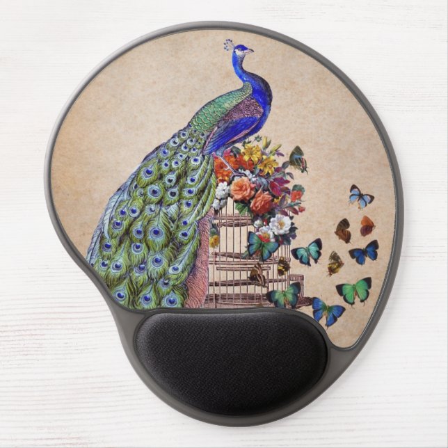 Vintage Peacock on cage Gel Mouse Pad (Front)