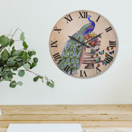 Vintage Peacock On Cage Large Clock