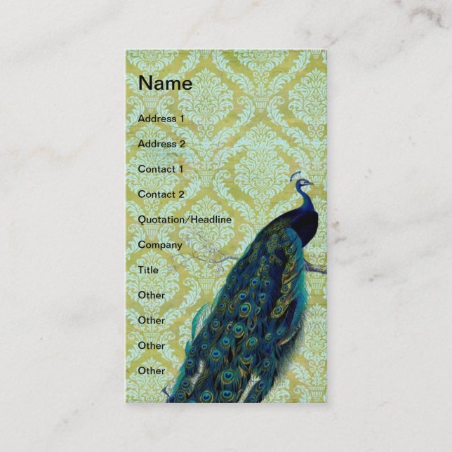 Vintage Peacock on Damask Pattern Business Card (Front)