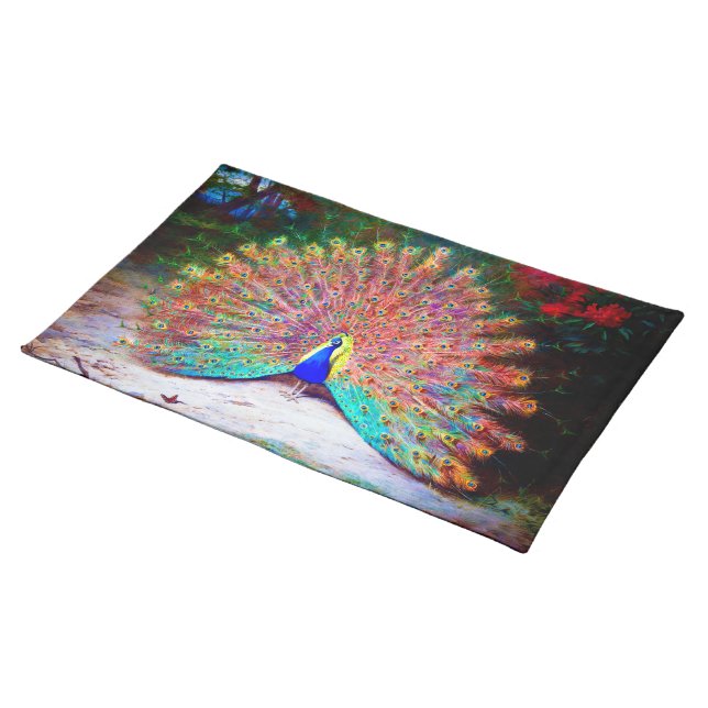 Vintage Peacock Painting Cloth Placemat (On Table)