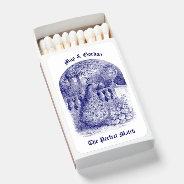 Vintage Peacock Pair Wedding Matchboxes (Front Open)