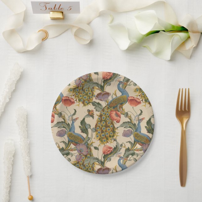Vintage Peacock Pattern Colorful Art Paper Plates (Wedding)