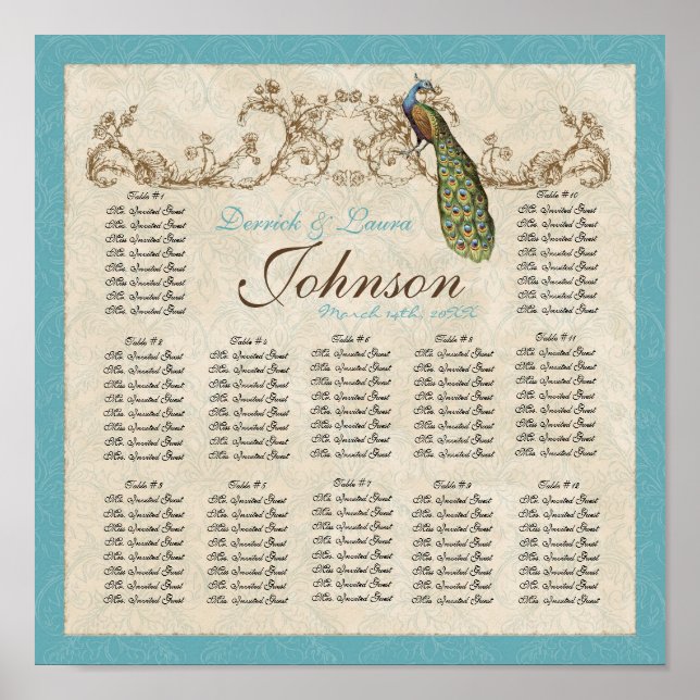 Vintage Peacock Reception Table Seating Chart (Front)
