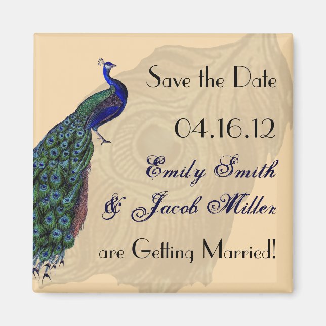 Vintage Peacock Save the Date Magnets (Front)