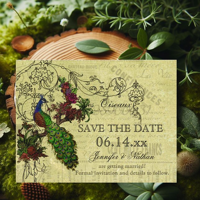 Vintage Peacock Save the Date Postcard (Creator Uploaded)