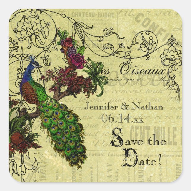 Vintage Peacock Save the Date Stickers (Front)