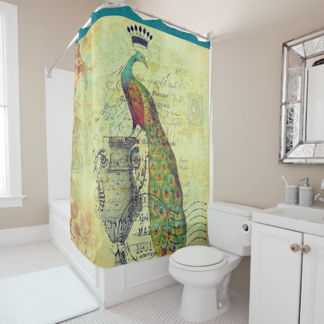Vintage peacock shower curtain (In Situ)