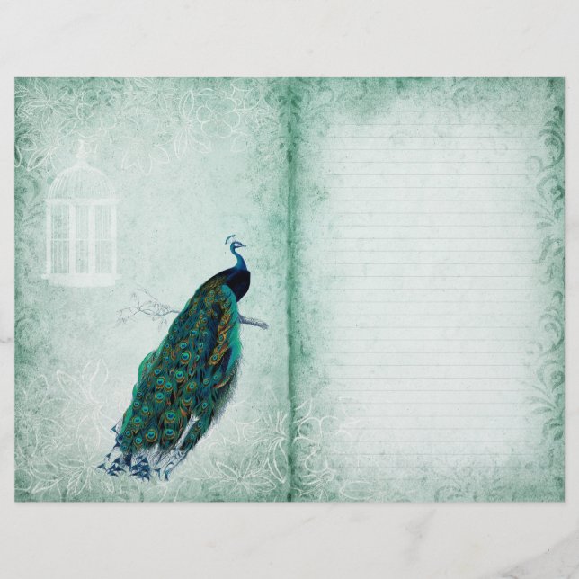 Vintage Peacock Spring Green Journal Page (Front)