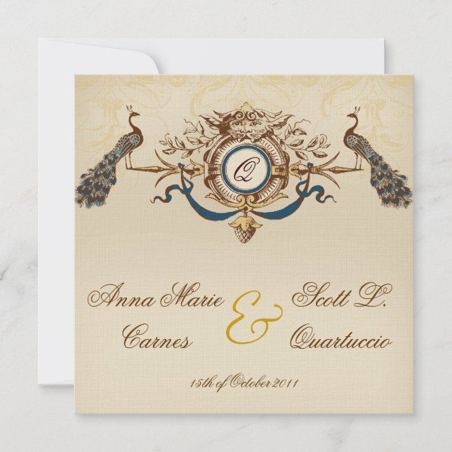 Vintage Peacock Square Wedding Invitations Linen (Front)