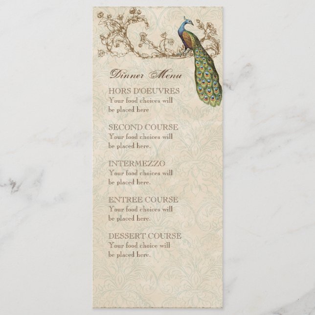Vintage Peacock Teal Blue, Dinner Menu Card (Front)