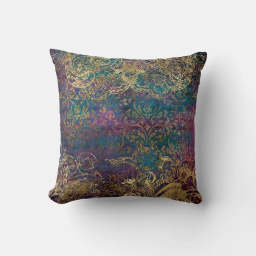 Vintage Peacock Teal Purple Gold Scroll Damask Throw Pillow