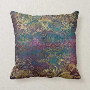 Vintage Peacock Teal Purple Gold Scroll Damask Throw Pillow