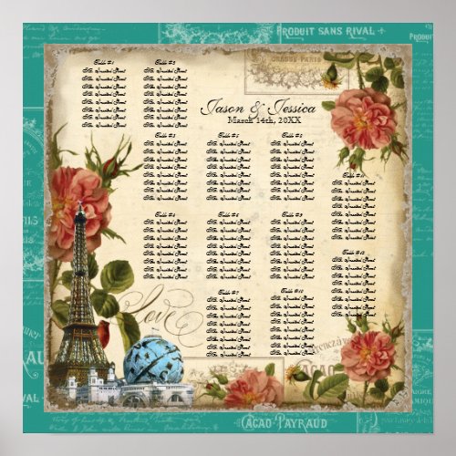 Vintage Peacock Teal Reception Table Seating Chart