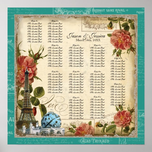 Vintage Peacock Teal Reception Table Seating Chart (Front)