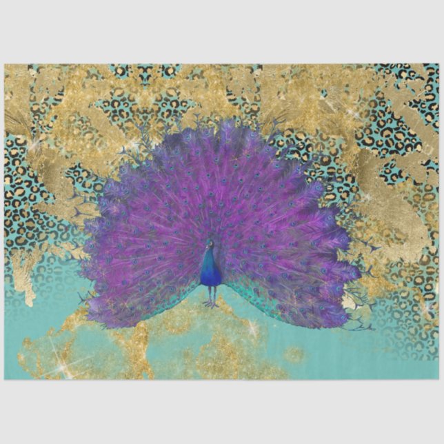 Vintage Peacock Turquoise Gold Leopard Decoupage Tissue Paper (Front)