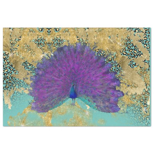 Vintage Peacock Turquoise Gold Leopard Decoupage Tissue Paper