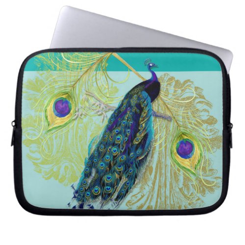 Vintage Peacock w Etched Swirls n Feathers Art Laptop Sleeve