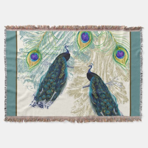 Vintage Peacock w Etched Swirls n Feathers Art Throw Blanket