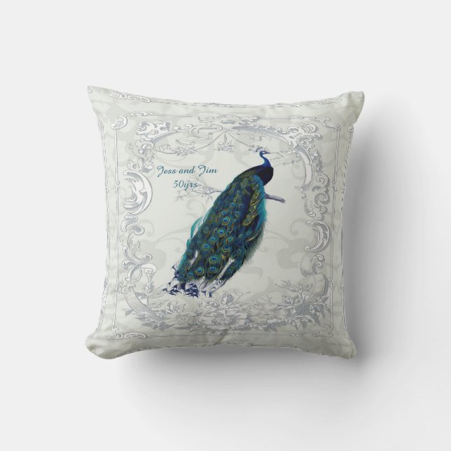 Vintage Peacock Wedding Anniversary 40th 50th 60th Throw Pillow (Front)