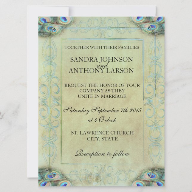Vintage Peacock Wedding Invitation (Front)