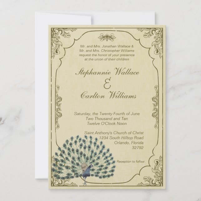 Vintage Peacock Wedding Invitation (Front)