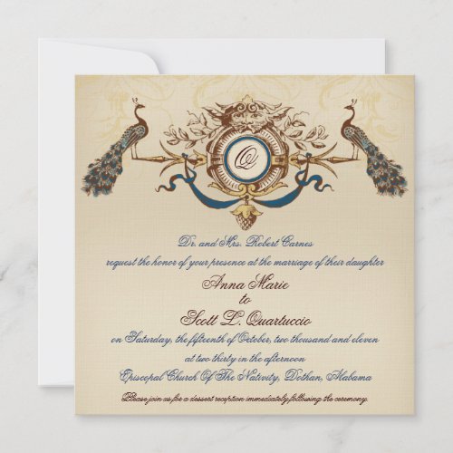 Vintage Peacock Wedding Invitation Linen Square #2