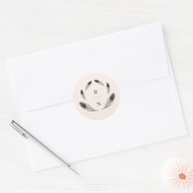 Vintage Peacock Wedding Monogram Classic Round Sticker (Envelope)
