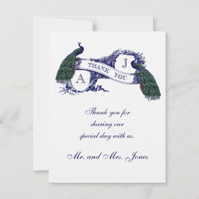 Vintage Peacock Wedding Photo Thank You (Front)