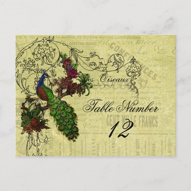 Vintage Peacock Wedding Table Number Postcard (Front)