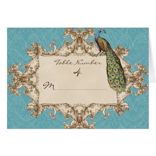 Vintage Peacock Wedding Table Number Seating Cards (Front Horizontal)