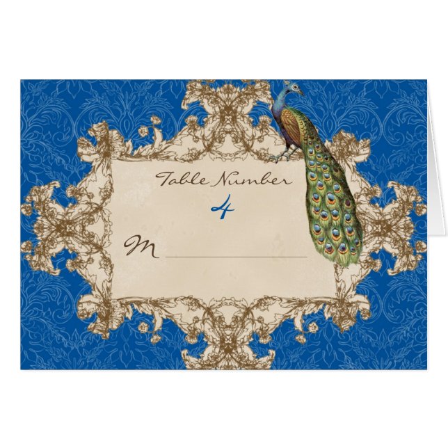Vintage Peacock Wedding Table Number Seating Cards (Front Horizontal)