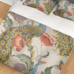 Vintage Peacock with Pink and Purple Poppies Duvet Cover