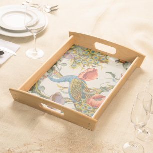 Vintage Peacock with Pink and Purple Poppies Serving Tray