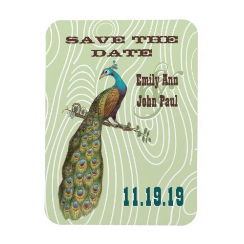 Vintage Peacock Woodgrain Save the Date Magnet