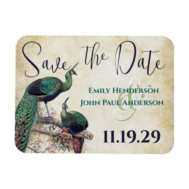 Vintage Peacock Woodgrain Save the Date Magnet (Horizontal)