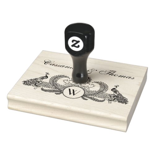 Vintage Peacocks Couple Names Initial Monogram Rubber Stamp