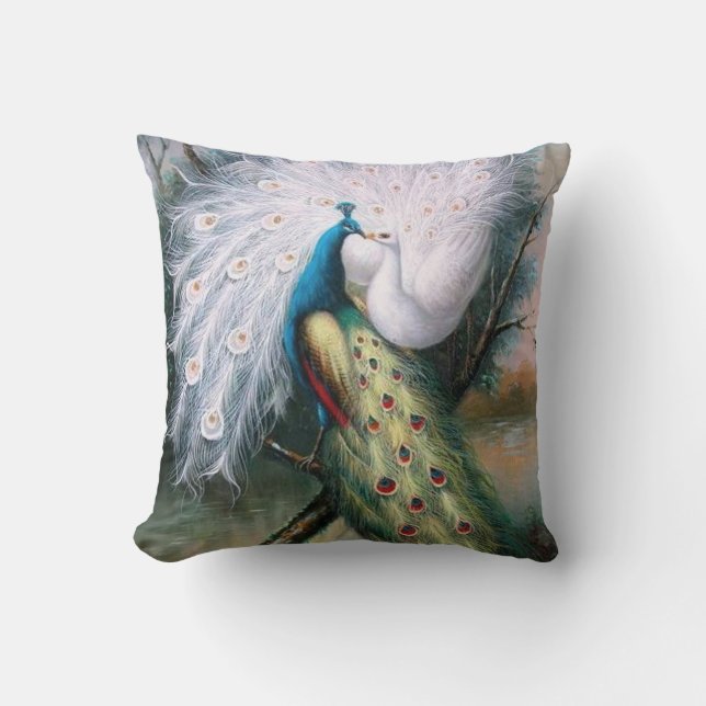 Vintage Peacocks Kiss Throw Pillow (Front)