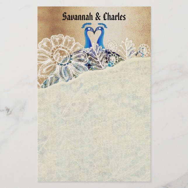 Vintage Peacocks Kissing Wedding Gifts Stationery (Front)