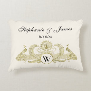 Vintage Peacocks Monogram Faux Gold Ivory BG Accent Pillow