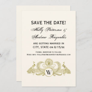 Vintage Peacocks Monogram Faux Gold Ivory BG Invitation